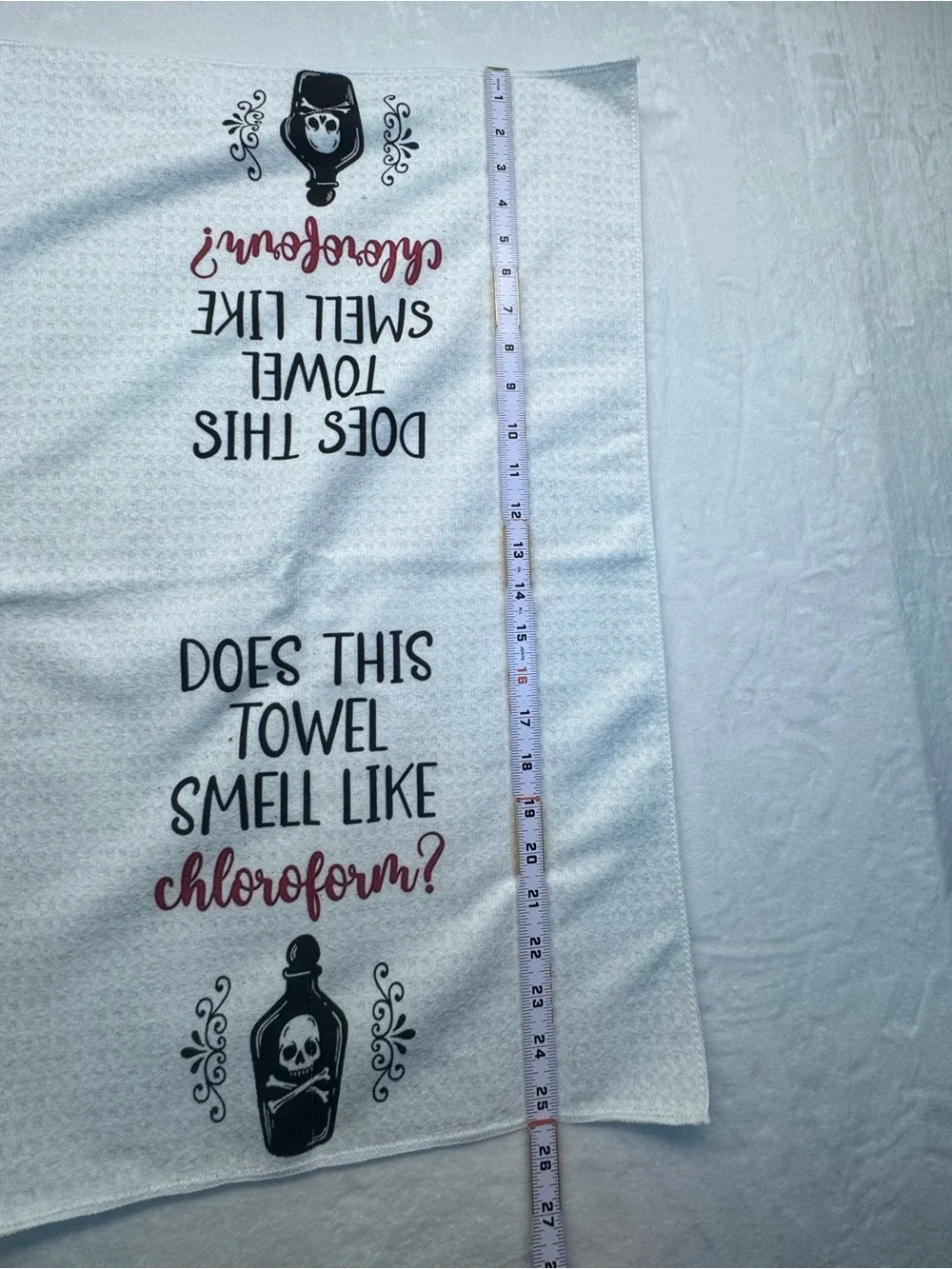 White Waffle Towel with 'Does This Towel Smell Like Chloroform?' Text